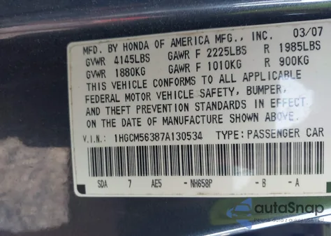 2007 Honda Accord Se из США, поврежденный, VIN 1HGCM56387A130534